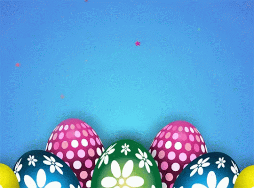 a row of colorful decorated eggs in front of a orange background