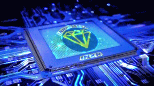 an electronic board with a green neon diamond on it