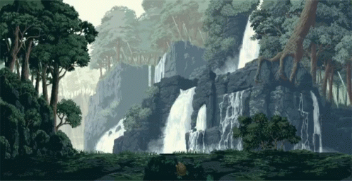 there is a drawing of a waterfall and trees
