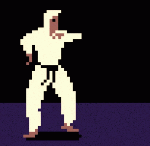 a pixel art scene shows a white man with one leg up and another foot down, while the other half has his arm extended