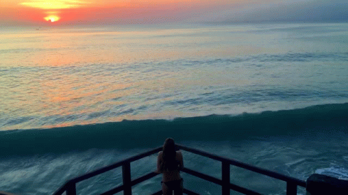 the person is standing on top of a railing near the ocean