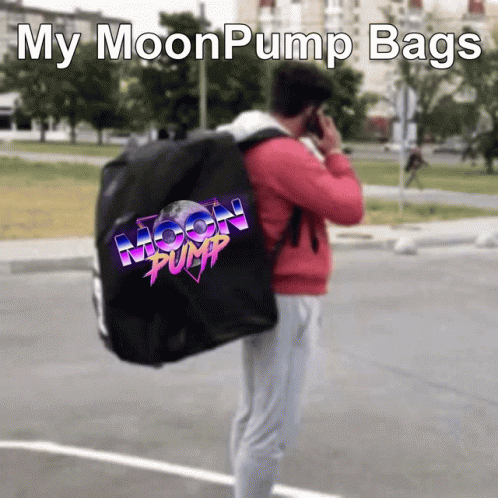 a man with a large black duffle bag and words reading, my moon pump bags