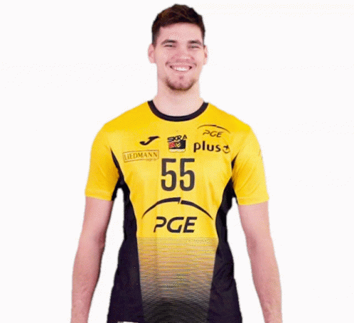 a male volleyball player wearing a blue and black uniform