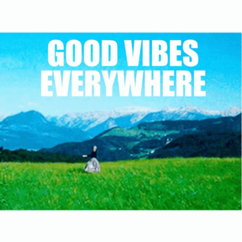 a grassy field with mountains and the words, good vibes everywhere