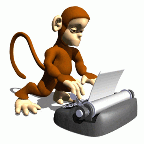 an animated monkey using a computer next to a paper cutter