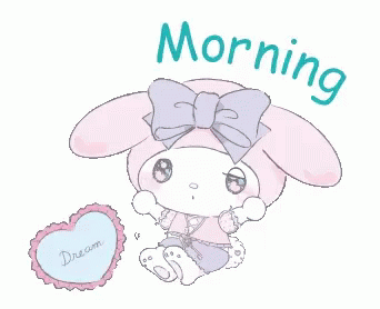 a cartoon bunny with a pink bow next to the word'morning '