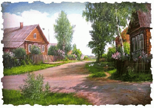 a drawing of some buildings on a rural street