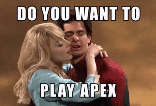 a couple kissing each other in front of a tv screen with text saying do you want to play apex?