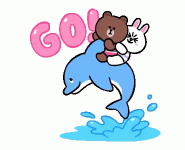 a bear is riding on a dolphin with the word go