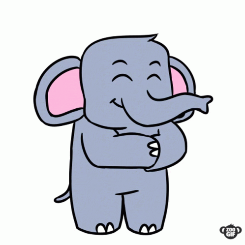an elephant with purple ears is holding its trunk