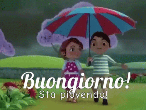 an animation depicts two children under a colorful umbrella