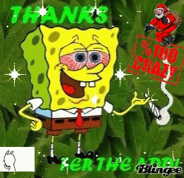 a green and blue spongebob on leaves with text thank