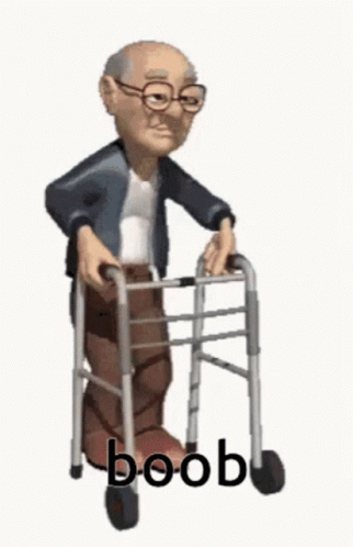 an animated man is holding a walker