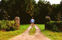the man walks down a gravel road in front of some grass bushes and trees