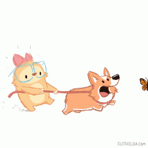 two cartoon dogs are pulling a erfly by a leash