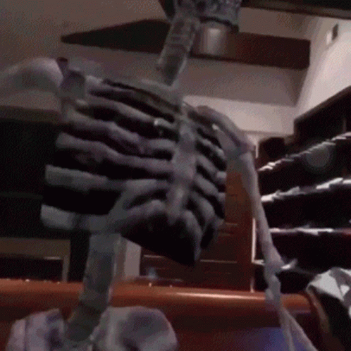 a skeleton sits on some chairs in front of a rack of wine bottles