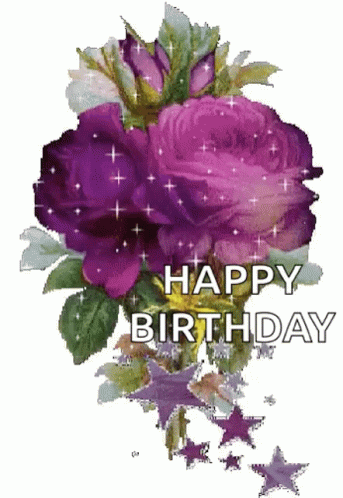 a happy birthday card with flowers and stars