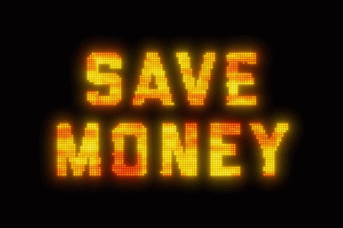 neon blue text saying save money over a black background