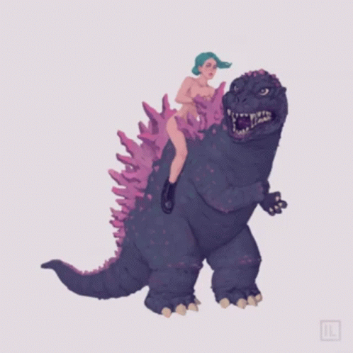 a cartoon of a woman riding on the back of an enormous dinosaur