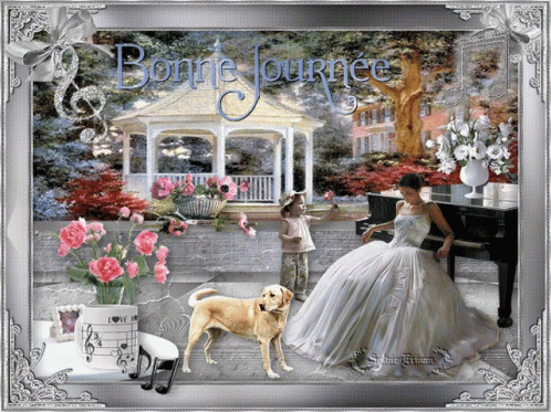 a digital illustration of two women in formal wear with a blue dog in front of a piano