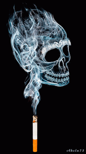 a skull on a cigarette emitting smoke