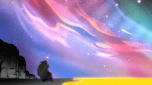 a cartoon image of someone watching a colorful sky