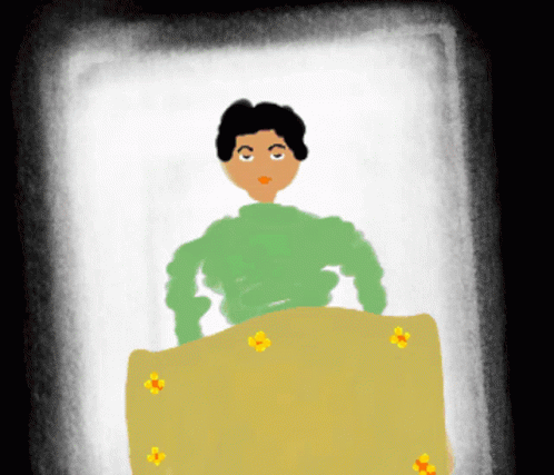 a cartoon woman that is sitting on a bed