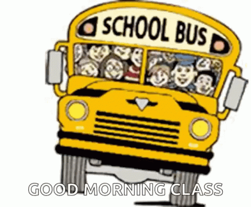blue school bus with the word good morning class