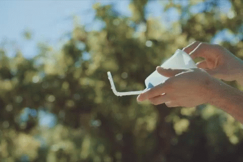 a hand holding a toothbrush in front of trees