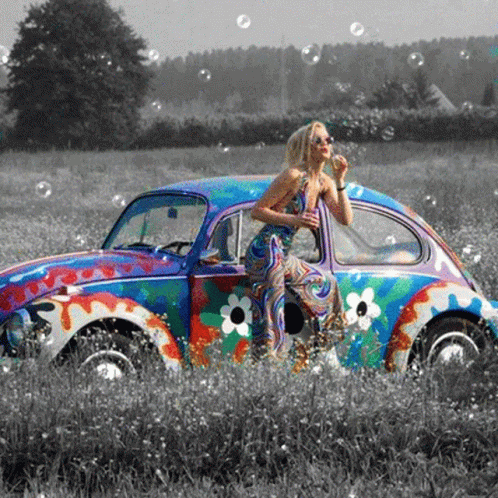 an old vintage beetle parked in a field painted with multiple colors