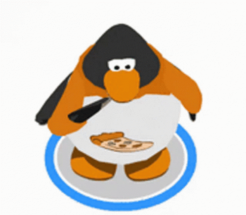 a cartoon penguin holding onto a plate with a blue shirt