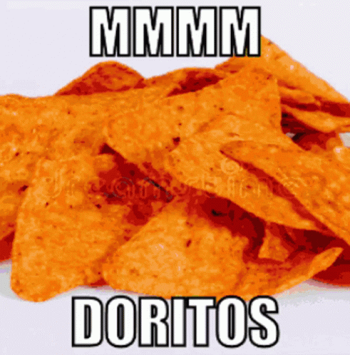 blue objects on top of each other with words that read mmmmmm, doritos