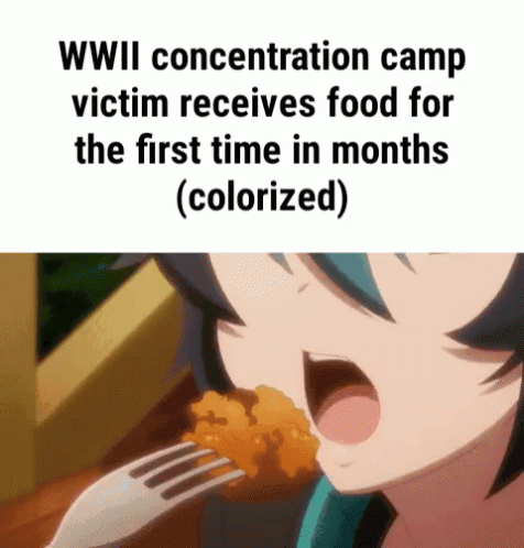 cartoon girl brushing her teeth with blue tooth paste and text that reads, will concentration camp victim receives food for the first time in months colored
