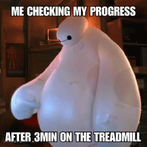 white bear standing in room on tv with caption that says me checking my progress after 3 pm on the treadmill