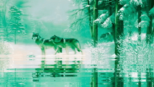 two wolf standing next to each other in front of a forest