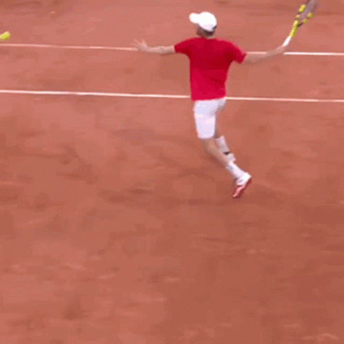 the tennis player is mid air to hit the ball