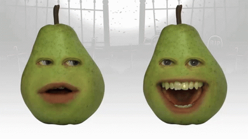 two pears with faces painted as teeth and mouths