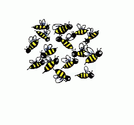 a bunch of little black and blue bees flying through the air