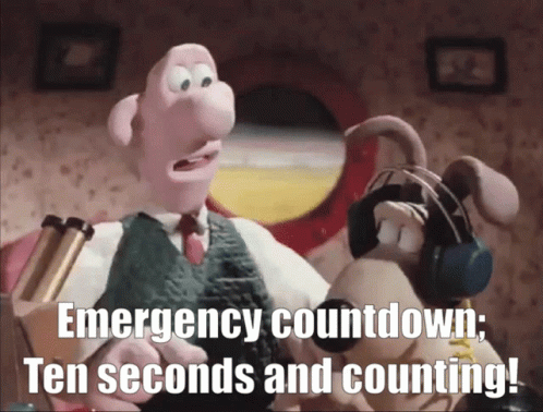 cartoon character pointing a gun at another person with caption reading emergency countdown ten seconds and counting