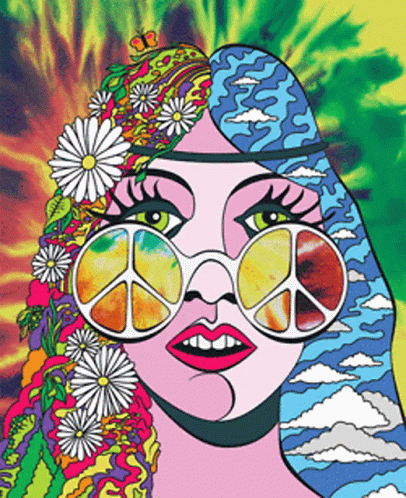 the colorful illustration is of a  with a peace sign on her head