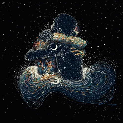 the illustration of two people kissing under the stars