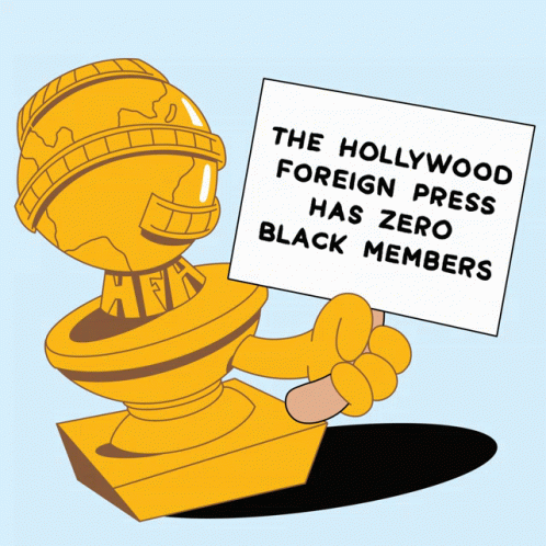 a blue robot with a sign that reads the hollywood foreign press has zero black members