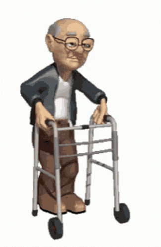 the image shows a cartoon version of an elderly man walking with a walker