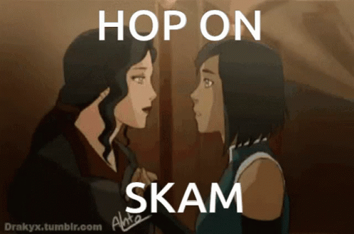 cartoon illustration showing two girls talking, with a text that says hop on skam