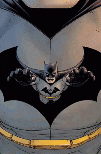 an illustration of a batman flying with his hands on his hips