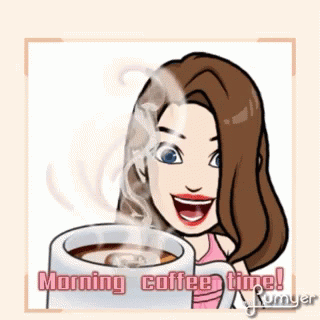 a woman is smiling with her cup of coffee
