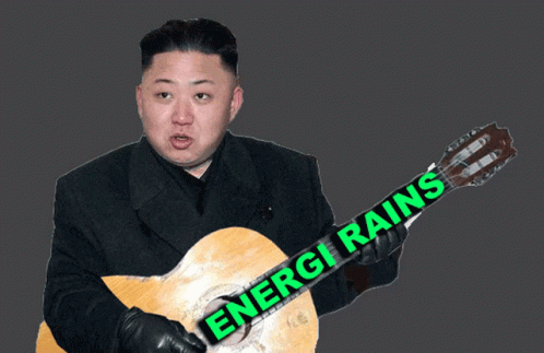 a man with a guitar holding a sign that says energy rains