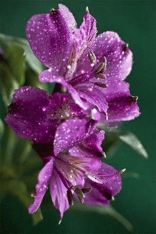purple flowers with water drops hanging from them