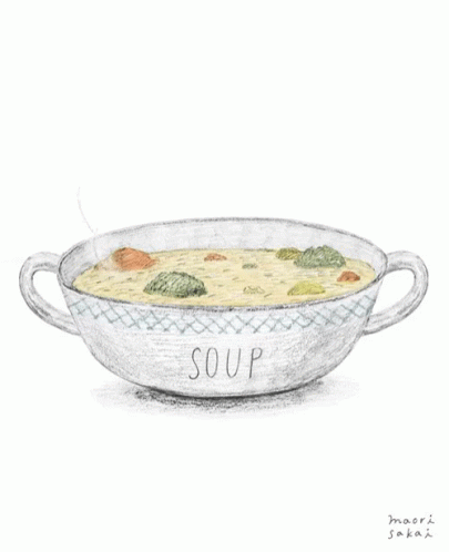 a drawing of a soup bowl with a blue substance in it