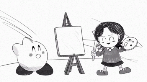 a girl holds a brush and an easel while another child points to a drawing